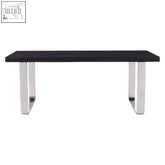 Large black pinewood and glass dining table with sleek chrome legs ideal for modern dining spaces