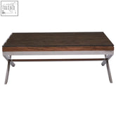 Dark wood kerala natural coffee table with sleek chrome x-shaped cross base perfect for modern living spaces