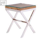 Kerala natural sal wood side table with glass top rustic wood edge and sleek chrome x shaped legs