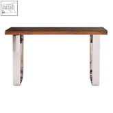 Modern Kerala natural u shaped base console table with rustic brown sal wood top and sleek chrome legs