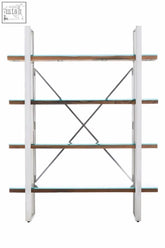 Modern white metal shelf unit with four glass shelves and natural wood four tier accents for stylish storage