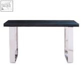 Modern small black console table with sleek black glass top and polished chrome legs for stylish spaces