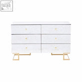 White mirrored dresser kesena chest of drawers with brass-finish square pulls and geometric legs silver chest style