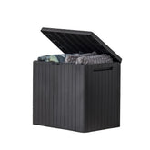 Black keter city resin outdoor storage box with 30 gallon storage capacity and patio table design in dark grey