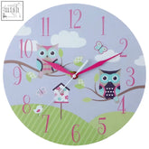 Kids owl wall clock with pastel lavender and green design featuring cartoon owls butterflies and a birdhouse branch wall clock