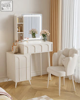 White kincaid dressing table with arched paneling and integrated led mirror for stylish vanity use