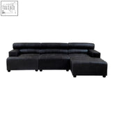 Black leather modular chaise sofa with tufted cushions and rubber wood feet in king antique right arm design