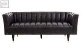 King three seater black leather sofa with flared arms mid century style and gold tipped legs tufted design