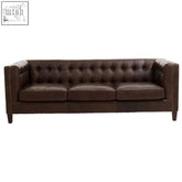 Brown leather tufted three seater sofa in dark brown features genuine leather and rolled arms for a classic look