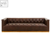 Dark brown king three seater chesterfield sofa featuring genuine leather and a wooden base for modern living rooms
