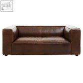King two seater antique brown leather sofa with classic rectangular design and sturdy armrests in brown leather