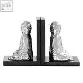 Silver buddha-themed bookends with polished nickel finish and black marble base for stylish shelf decor