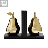 Kinsley set of 2 pear sculptures gold bookends with black bases and leaf accents for stylish bookshelf decor