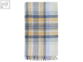 A soft woven plaid kintyre shetland pure new wool throw in beige navy blue and light gray with fringed edges