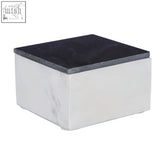 Kira small trinket box with a white marble base and black textured top resembling an elegant rectangular box