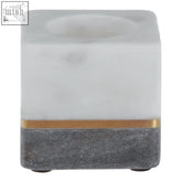 Kira white and grey marble tealight holder with white marble tissue box gold accent band and dark grey stone base