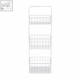 Kirby three tier white storage caddy features rectangular grid framing on a white wire shelving unit with three tiers