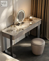 Modern kirsten dressing table with white marble top gray veining silver metal legs and integrated circular led mirror