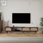 Kirsten rattan tv stand with dark rubber wood frame and woven cane doors on tapered legs mid-century modern style