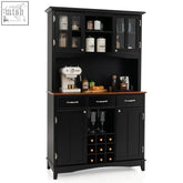 Black wooden kitchen cupboard with glass doors, lower drawers, wine rack, and 3-position adjustable shelves