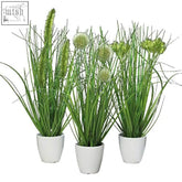 Three klocke dekorationsbedarf artificial plants with green grass and white spherical flowers in white ceramic pots