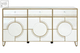 Gold-framed knightsbridge cabinet sideboard with three circular mirrored glass panels and crystal knobs