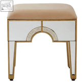 Beige knightsbridge stool with upholstered seat gold-tone frame and mirrored panels perfect for stylish seating