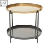 Kobra coffee table with gold-rimmed round design, dark gray metal frame, and two circular shelves for stylish storage