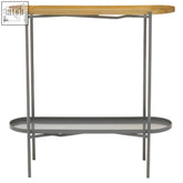 Modern kobra console table with light wood top gray metal frame and oval lower shelf for stylish storage