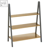 A sleek kobra three tier shelf unit with gold wooden shelves and dark gray metal legs for stylish storage
