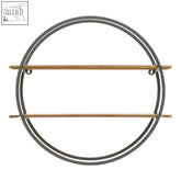 Circular kobra two tier wall shelf with light wood shelves held by dark metal rings in a two-tier wall design