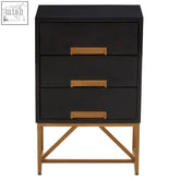 Koch black side table with 3 drawers made of black mango wood and a geometric brass base with gold-tone handles