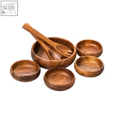 Kora acacia 7 piece salad serving set with wooden bowls and utensils in warm natural finish for salad serving