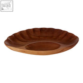 Brown acacia chip and dip serving dish with scalloped edge and two compartments perfect for snacking