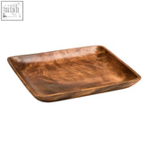 Rectangular copper-colored acacia serving platter with hammered texture and curved square edges for stylish serving