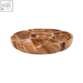 Rustic wooden kora acacia five section round serving dish with flower-like design and natural wood grain patterns