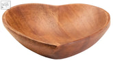 Heart shape serving dish made of natural acacia wood with smooth warm brown finish and visible wood grain