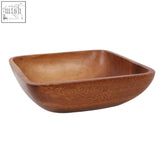 Rectangular wooden serving bowl with smooth rounded edges in warm amber finish acacia large square style