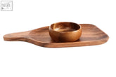 Wooden kora acacia paddle board with bowl set in warm brown finish featuring smooth handcrafted surfaces