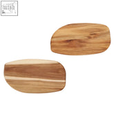 Two oval acacia serving boards with curved edges and natural wood grain perfect for your dining table