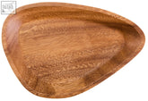 Kora acacia small curved triangular serving dish with smooth warm brown wood finish and natural grain pattern