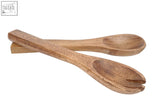 Natural wood kora acacia small salad servers set with smooth light brown finish and classic spoon and fork design