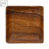 Square wooden serving tray in warm brown tones with natural grain patterns made from acacia wood large square platter
