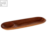 Brown acacia wood dip tray with smooth polished finish and oval shape indentation for chips and dips
