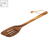 Kora acacia wood slotted spatula with natural brown finish, three slits, and light rope loop handle end
