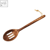 Rustic acacia wood slotted spoon with three slots and looped rope handle for easy hanging and cooking use