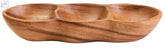 Wooden kora acacia wood three section antipasti dish with smooth natural finish and visible grain patterns