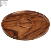 Kora Acaia chip and dip dish is a round acacia chip tray with raised centre and warm brown wood grain finish