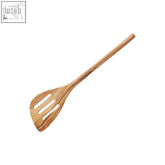 Light brown olive wood slotted spatula with three parallel slits perfect for cooking and serving meals