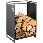 Black metal heavy duty firewood log holder with matte black coating and flame logo for indoor or outdoor use